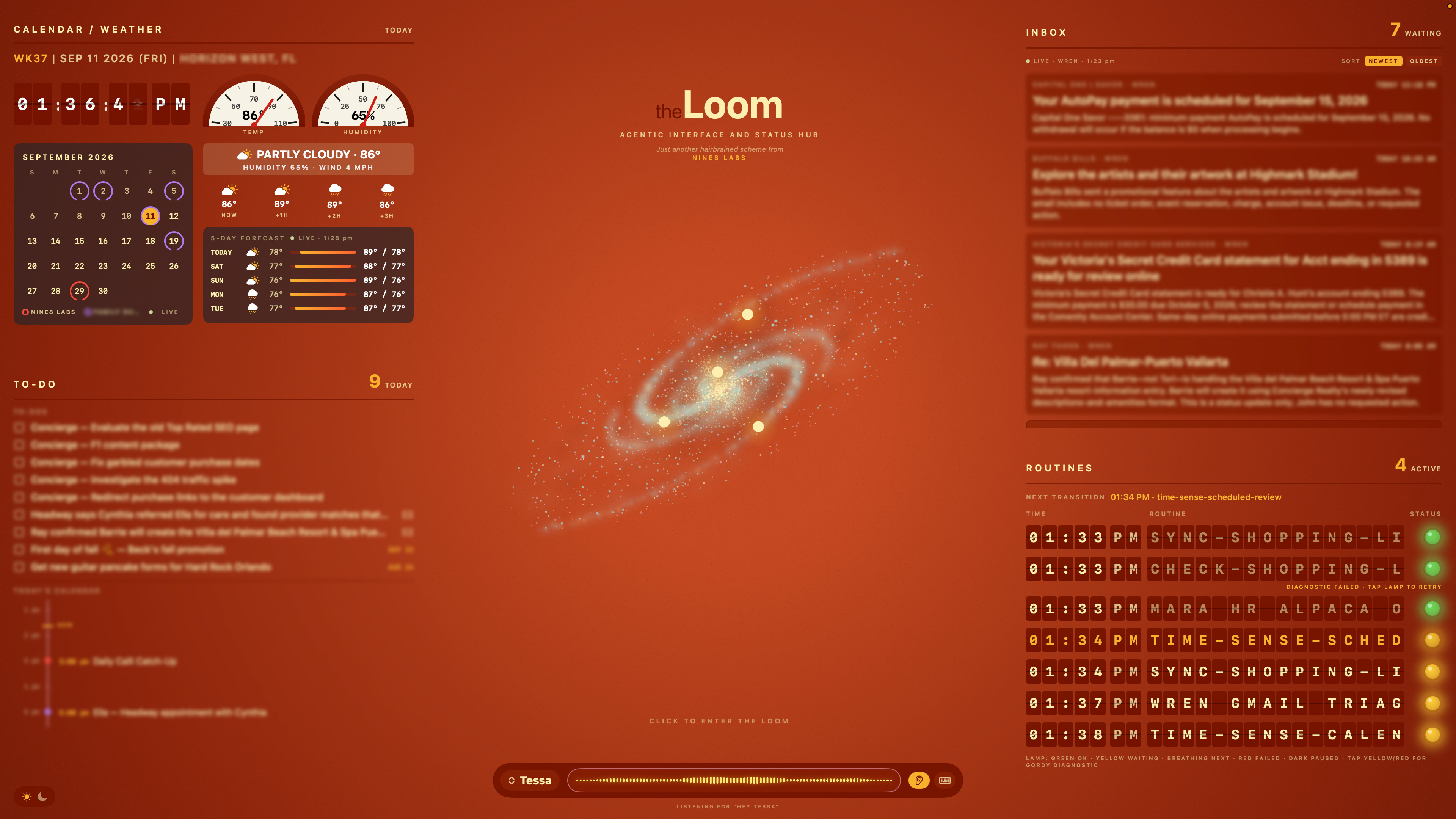 Early Loom desktop concept: a private operations workspace showing a connected visual center, inbox, calendar, routines, and an agent conversation.